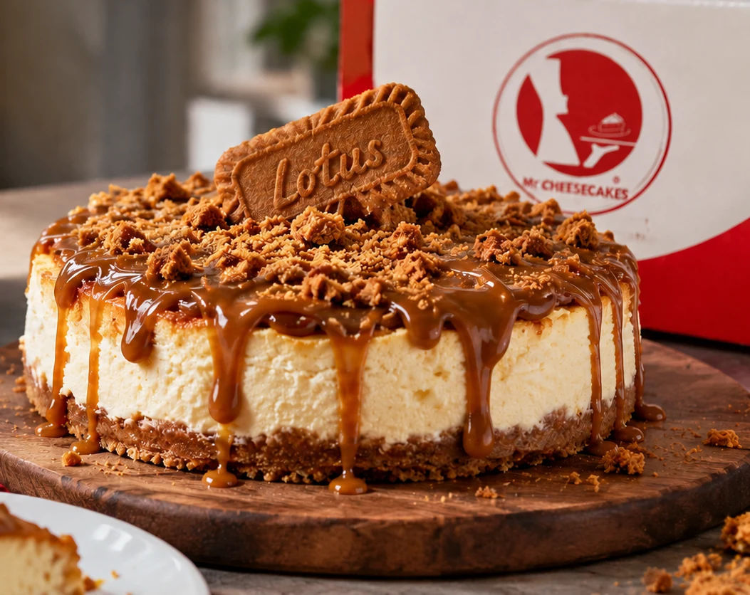 Tarta de queso Lotus con caramelo y galleta, junto a una caja de Mr Cheesecakes